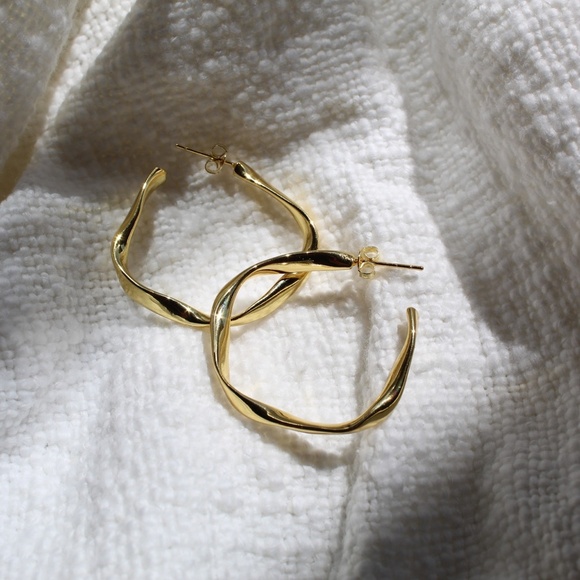 Large Sterling Silver Gold Twisted Hoop Earrings - Picture 5 of 6